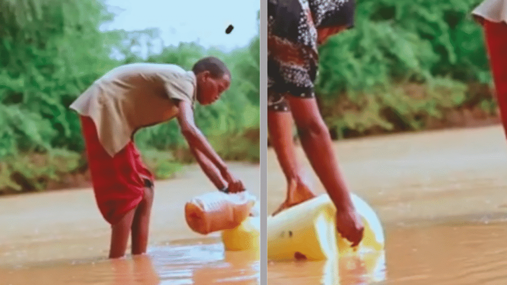 Photo 9: Water containers at a muddy source.
Photo 10: Collecting water for the day.