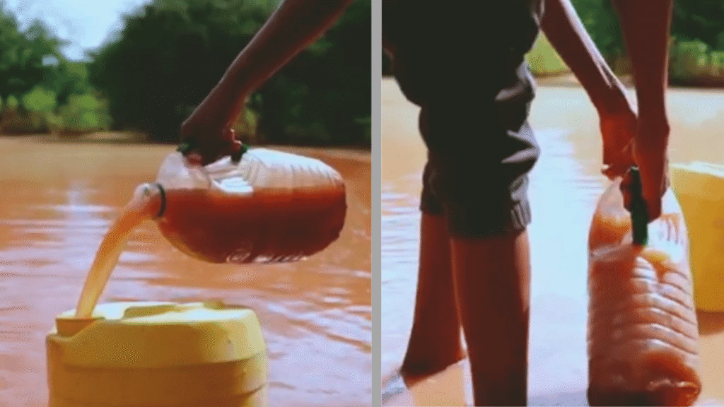 Photo 13: Water being poured into a container.
Photo 14: A child fills a bottle at a water source.