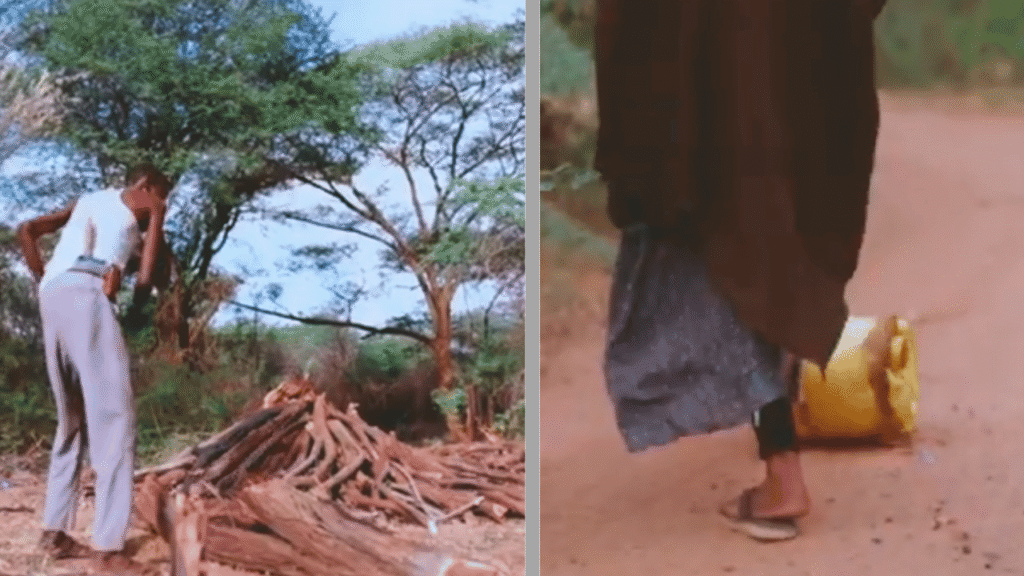 Photo 19: Firewood in a dry landscape.
Photo 20: Children on a dusty road near a water container.