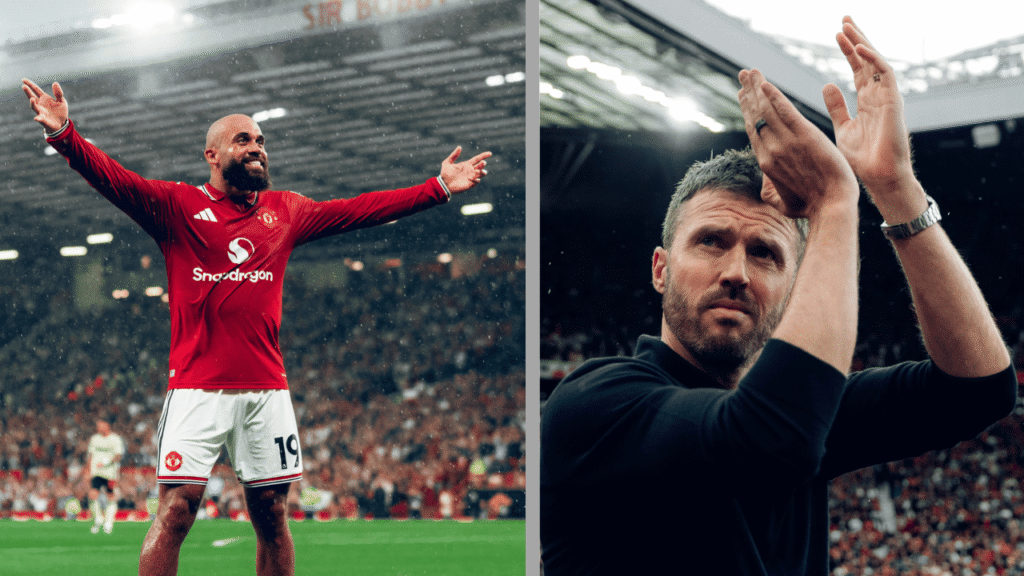 Manchester United forward Bryan Mbeumo and head coach Michael Carrick celebrate following the team’s 5-2 Premier League victory over Ipswich Town at Old Trafford.