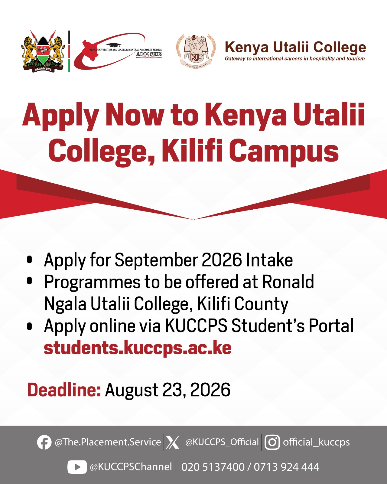 An advertisement poster for the Application for Kenya Utalii College programmes for the September 2026 intake offered at Ronald Ngala Utalii College, Kilifi County. photo | kuccps on X