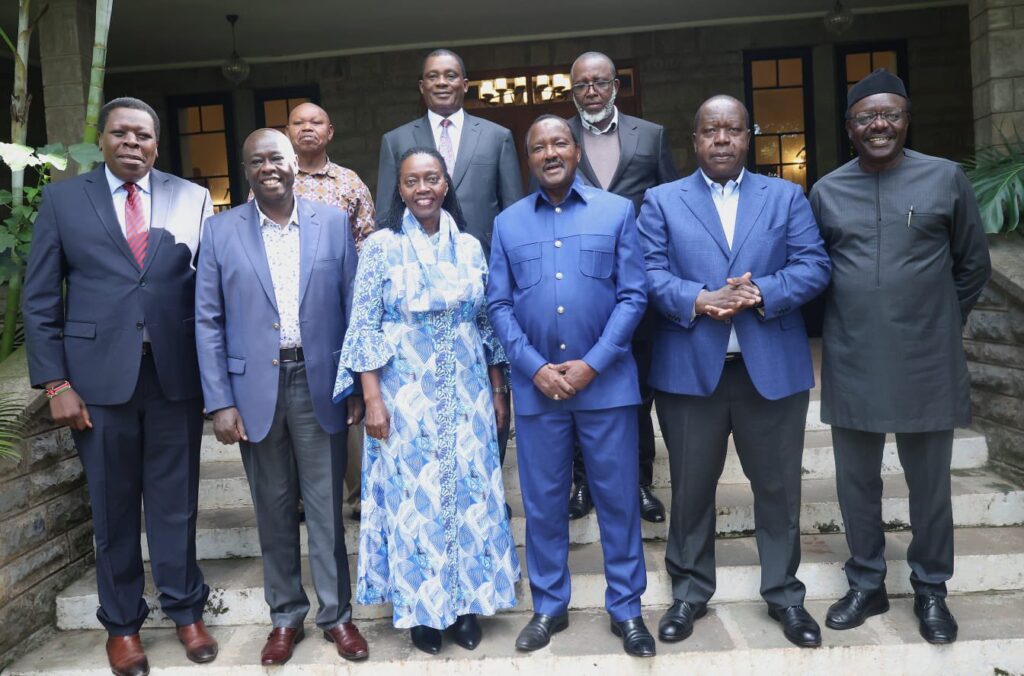 Opposition leaders, Eugene Wamalwa, Rigathi Gachagua, Martha Karua, Kalonzo Musyoka, Fred Matiang'i, Mukhisa Kituyi, Mithika Linturi, Justin Muturi, among others, during a past meeting in Nairobi for coalition talks. 