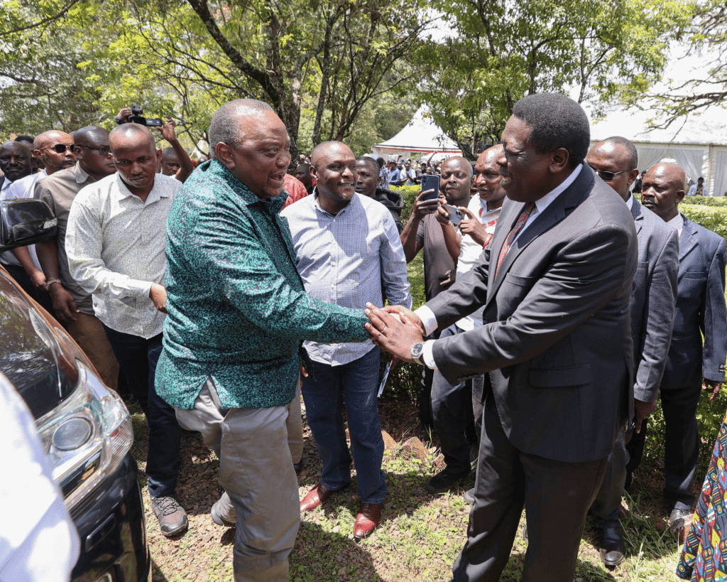 Former President H.E. Uhuru Kenyatta alongside Eugine Wamalwa in Trans Nzoia, Kitale, in commemorating the 23rd anniversary of the passing of the late Vice President Michael Kijana Wamalwa, who died on 23 August 2003.