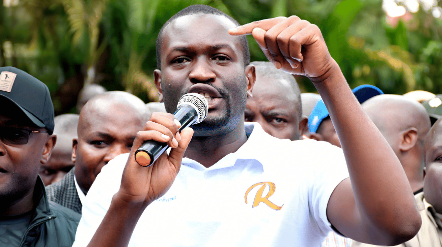 Senator Edwin Sifuna speaks intensely into a microphone, gesturing with his finger. This address highlights challenges facing the Sifuna 2027 Presidential Bid.