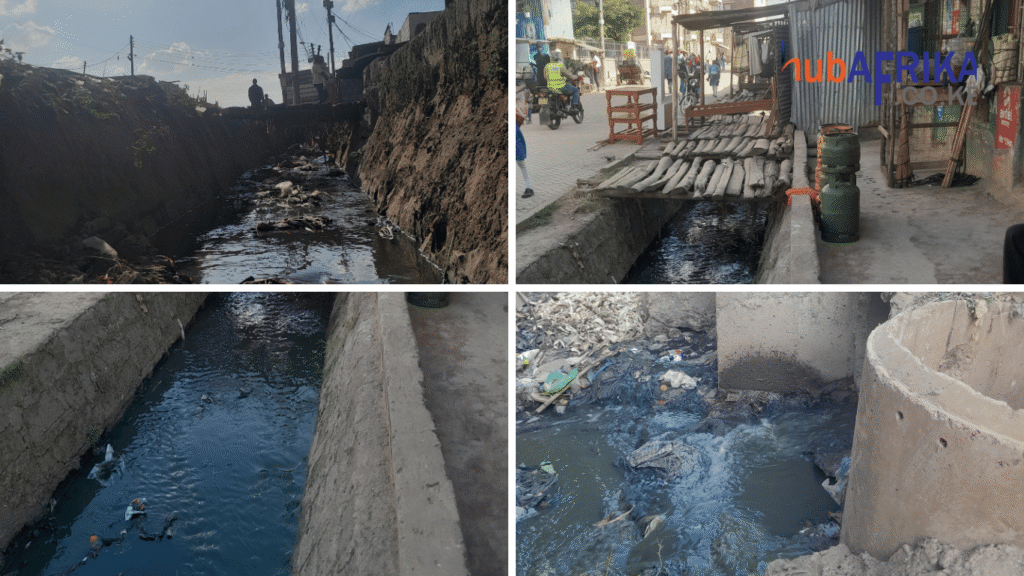 Open drainage channels filled with stagnated waste and dark sewage passing through commercial zones in Kawangware, illustrating the urban climate crisis.