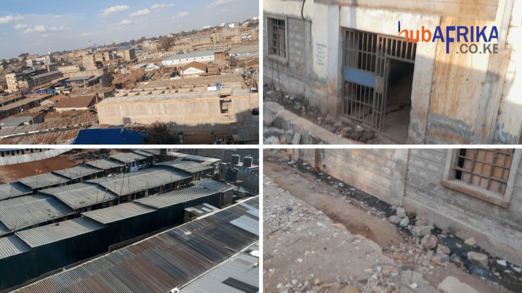 Dense housing layout in Kawangware with unpaved pathways where sewage and open drainage systems pass near residential structures during the ongoing climate crisis.