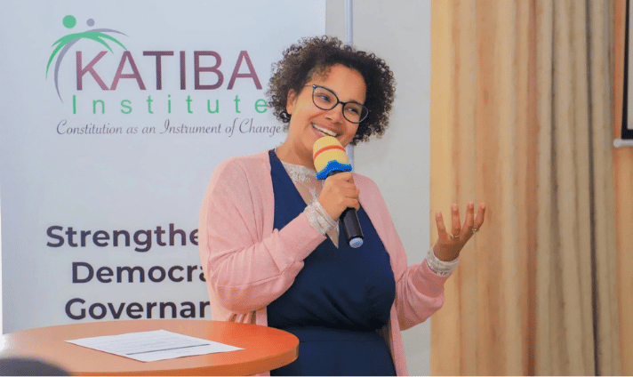 Katiba Institute Executive Director Nora Mbagathi speaking after filing the High Court contempt case against IG Kanja over protest roadblocks.