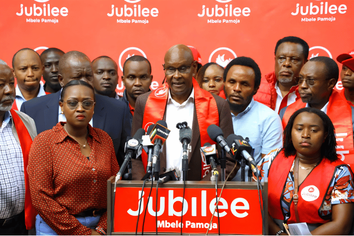 Jubilee Party leaders addressing a press conference regarding President Ruto and national governance issues.