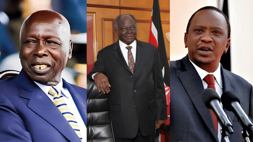 Split photo showing Kenya's former presidents Daniel arap Moi, Mwai Kibaki, and Uhuru Kenyatta, highlighting the country's presidential history leading to the 2027 Election.