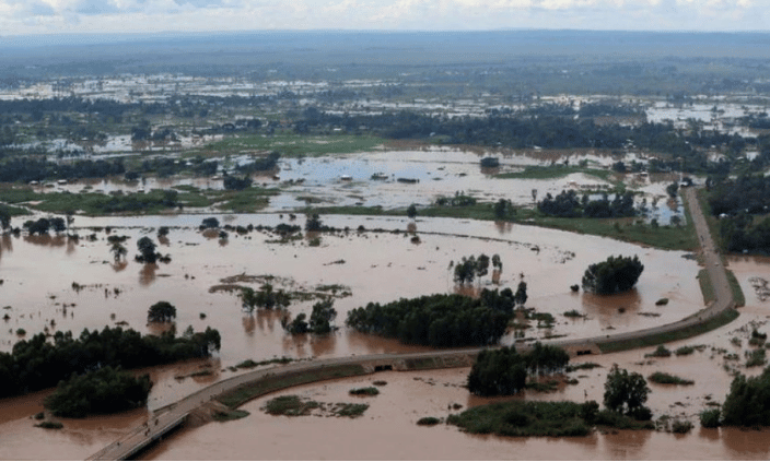 Drone footage highlights the rising waters around the Sigiri Bridge in Busia County, Kenya, following torrential rains and a backflow from Lake Victoria that forced the Nzoia River over its banks on May 3, 2020.