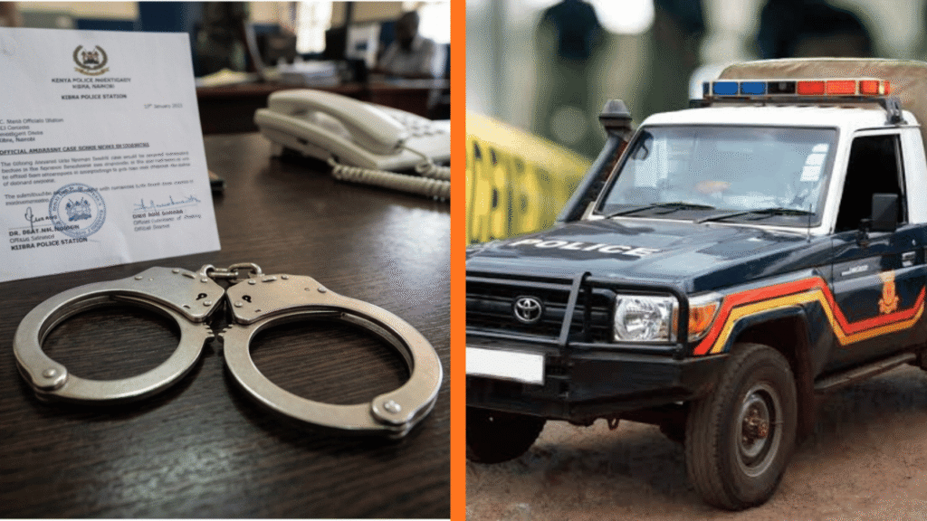An official police report document alongside a Kenya Police Service vehicle.