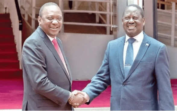 Former President Uhuru Kenyatta shaking hands with Raila Odinga at Harambee House.