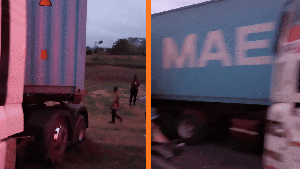 Two-panel photo showing a stalled blue shipping container truck on the highway shoulder with bystanders gathered nearby during dawn after a collision with a Dreamline bus.