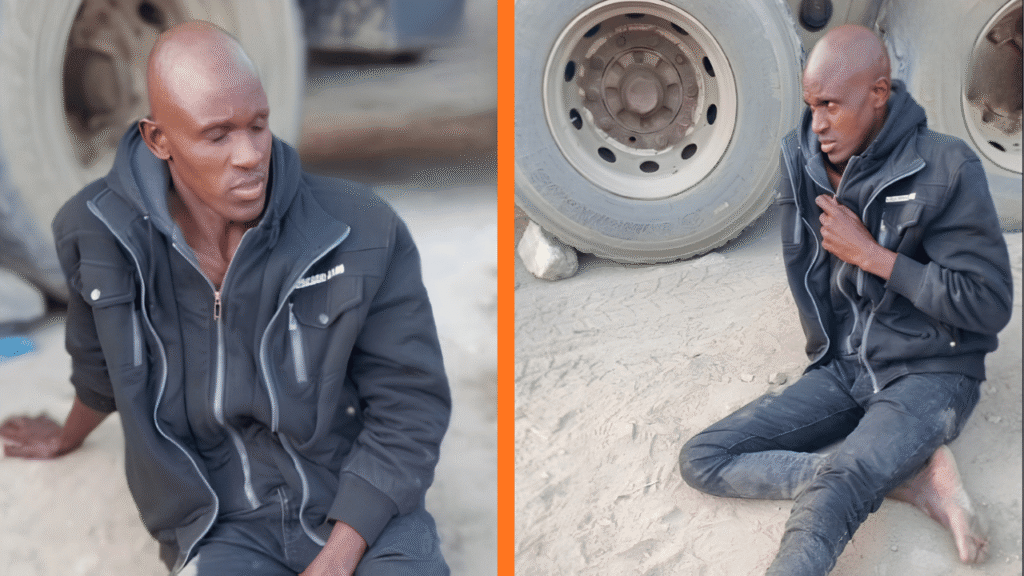 Human rights activist Boniface Mulinge Muteti sitting barefoot and exhausted on the ground along a roadside in Lukenya, Machakos County after being found dumped.