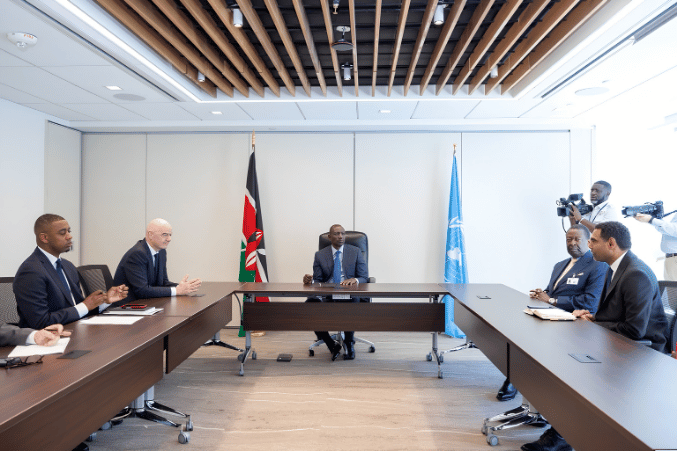 President William Ruto presiding over a bilateral meeting with FIFA President Gianni Infantino and delegations seated around a U-shaped conference table in New York.