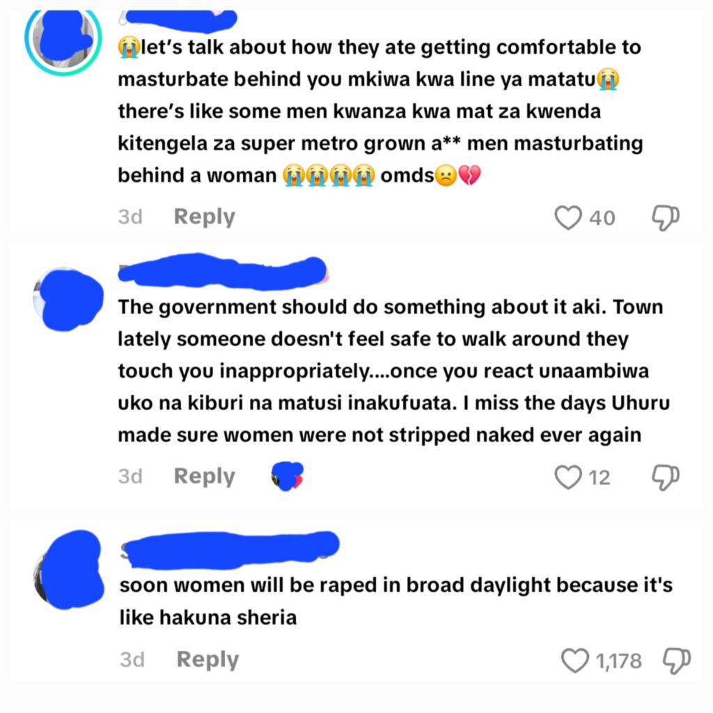 A screenshot conversation of online testimonies detailing non-consensual sexual boundary violations, highlighting public transit harassment and trauma shared by commuters in Nairobi. photo | file