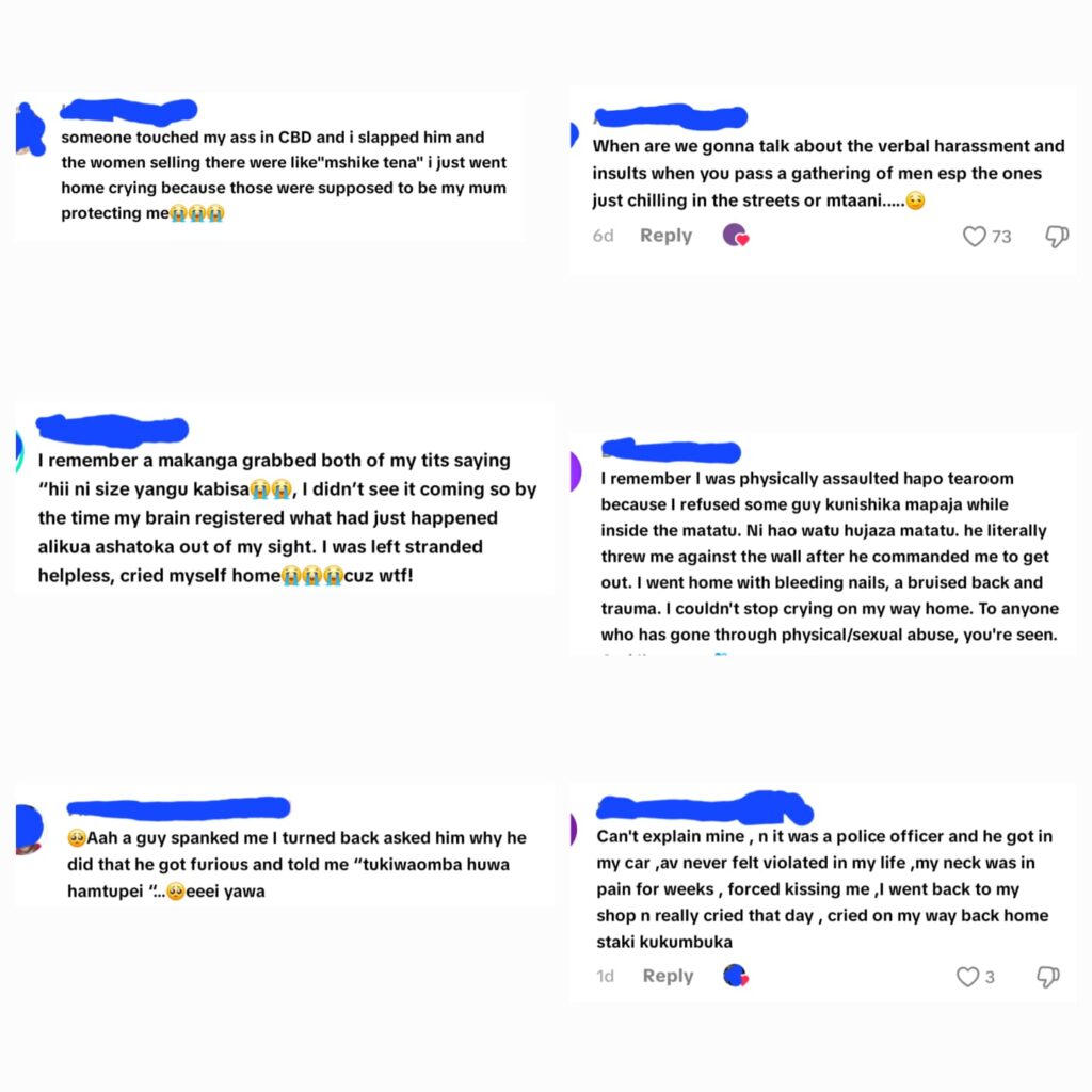 A screenshot conversation of online testimonies detailing non-consensual sexual boundary violations, highlighting public transit harassment and trauma shared by commuters in Nairobi. photo | file