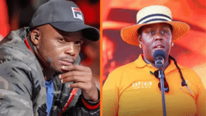 Split image featuring Lang'ata MP Jalang'o wearing a cap on the left and EALA MP Winnie Odinga in an ODM polo shirt speaking into a microphone on the right.