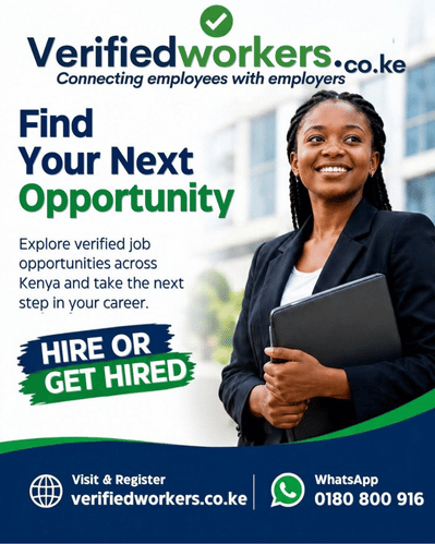Official promotional flyer for Verifiedworkers.co.ke job site featuring a professional woman holding a laptop.