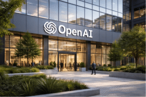 Exterior view of modern office building entrance with prominent OpenAI logo above glass doors
