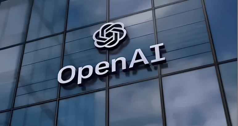 Low-angle shot of large white OpenAI logo mounted on glass skyscraper facade