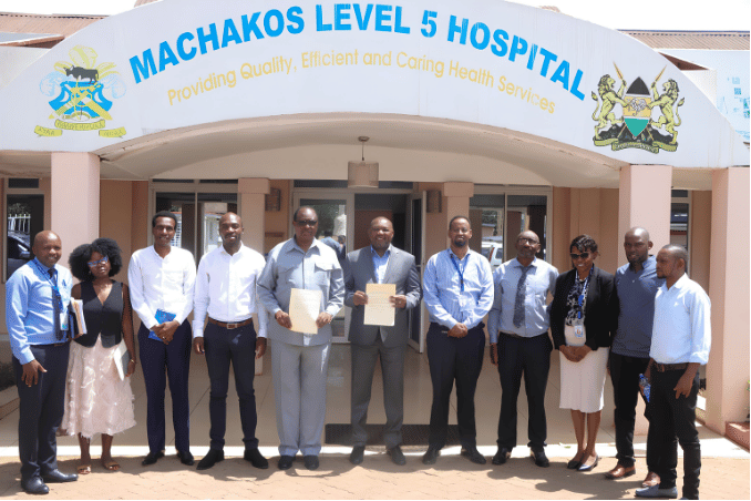 County health officials outside Machakos Level 5 Hospital supporting Governor Wavinya Ndeti Level 3 Hospital health initiatives